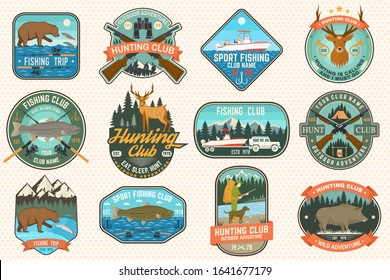Set of Fishing and Hunting club patches. Vector Concept for shirt, print, stamp, patch. Patches with hunting gun, hunter, fish rod, fisher, river, forest. Outdoor fishing and hunting club emblem