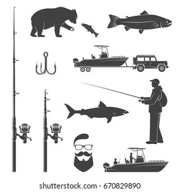 Set of fishing icon. Vector illustration. Set include fish rod and rainbow trout silhouette.