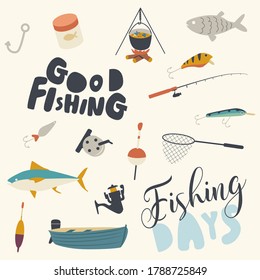 Set of Fishing Icons Boat, Rod and Net with Fish, Campfire with Cauldron and Soup. Bait, Hook and Tackle on White Background. Summertime Relaxing Hobby, Fisherman Leisure. Linear Vector Illustration