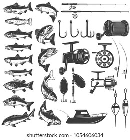 Set of fishing icons. Fish icons, fishing rods. Design element for logo, label, emblem, sign. Vector illustration