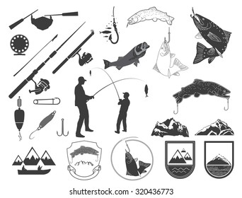 Set of fishing icons and icons. Logo elements of design: fish, fishing rods, spinning rods, hooks, mountains. Silhouettes of fishermen.