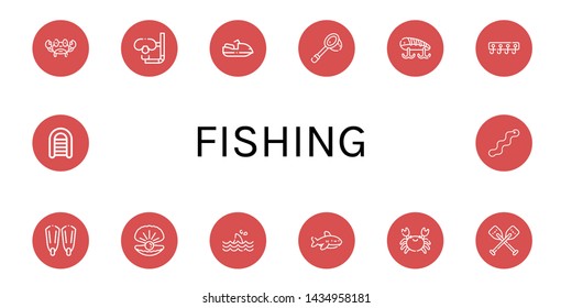Set of fishing icons such as Crab, Dive, Motorboat, Net, Fishing baits, Hooks, Fins, Oyster, Shark, Oars, Inflatable boat, Worm , fishing