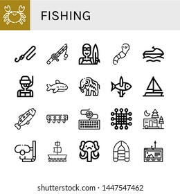 Set of fishing icons such as Crab, Fishing rod, Surfer, Worm, Jet ski, Dive, Shark, Mammoth, Fishing, Sailing boat, Trout, Hooks, Keylogger, Net, Camping, Galleon, Inflatable boat ,