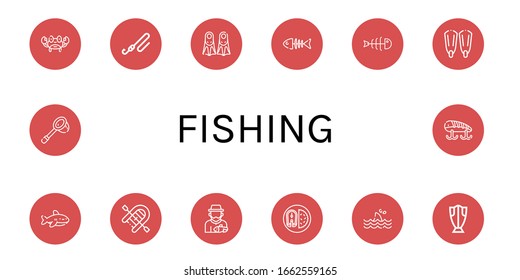 Set of fishing icons. Such as Crab, Fishing rod, Fins, Fish bone, Fishbone, Shark, Inflatable boat, Fisherman, Fish, Cod, Net, Fishing baits , icons