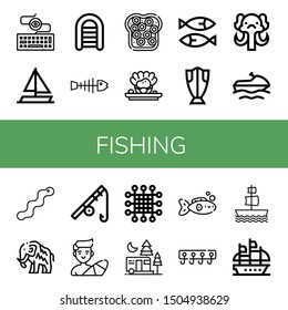 Set of fishing icons such as Keylogger, Sailing boat, Inflatable boat, Fishbone, Caviar, Shellfish, Sardines, Cod, Mammoth, Jet ski, Worm, Fishing rod, Surfer, Net, Camping , fishing