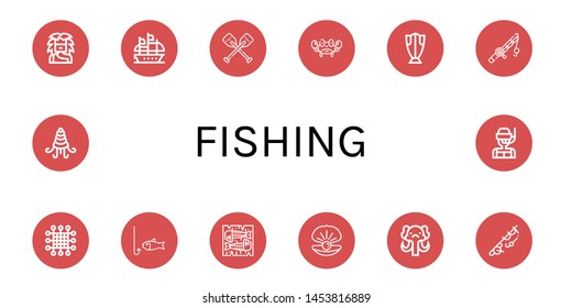 Set of fishing icons such as Troglodyte, Galleon, Oars, Crab, Cod, Fishing rod, Net, Fishing, Mackerel, Oyster, Mammoth, Shellfish, Dive ,