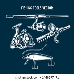 Set Of Fishing Items Vector and Reels in Monochrome color