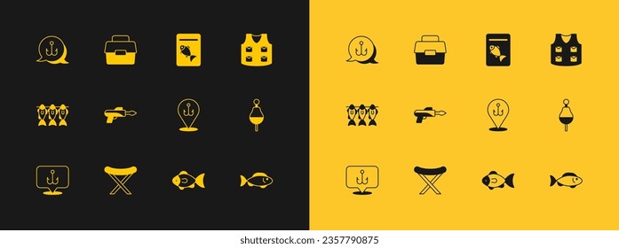 Ajuste la chaqueta de pesca, la silla plegable de camping, el gancho, el arpón, la placa de pescado servida y el icono Caso o caja para la pesca. Vector