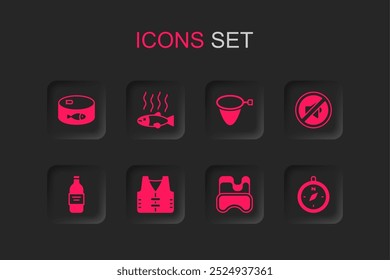 Conjunto de chaqueta de pesca, pescado muerto, enlatado, máscara de buceo, altavoz mudo, brújula, red y botella de icono de vodka. Vector