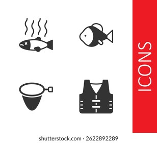 Set casaco de pesca, peixe morto, rede e ícone. Vetor