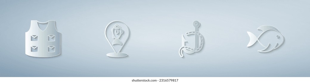 Poner chaqueta de pesca, pesca de localización, gancho y gusano y . Estilo de arte de papel. Vector