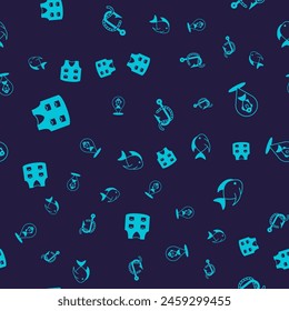 Set Fishing jacket, Location fishing, hook and worm and  on seamless pattern. Vector