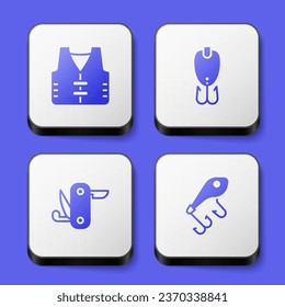 Set Fishing jacket, lure, Swiss army knife and  icon. White square button. Vector