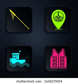Set Fishing jacket, Fishing net, boat with rod on water and Location fishing. Black square button. Vector