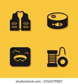 Set Fishing jacket, Spinning reel for fishing, Winter and Canned icon with long shadow. Vector