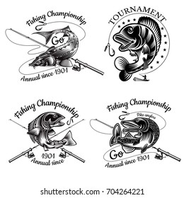 Set of fishing labels with Pike Sturgeon Salmon Perch fish bend with crossed fishing rod in engraving style. Logo for fishing, championship and sport club on white