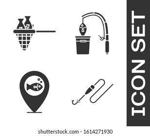 Set Fishing line with hook and float, Fishing net with fish, Location fishing and Fishing rod and fish icon. Vector