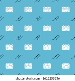 Set Fishing line with hook and float and Calendar with a fish on seamless pattern. Vector