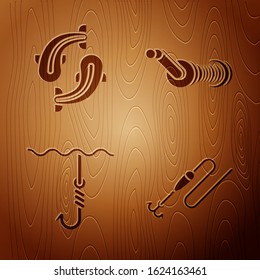 Set Fishing line with hook and float, Fish, Fishing hook under water and Spinning reel for fishing on wooden background. Vector