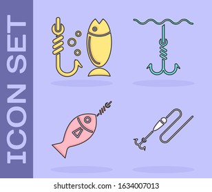 Set Fishing line with hook and float, Fishing, Fish on hook and Fishing hook under water icon. Vector