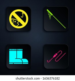 Set Fishing line with hook and float, No fishing, Fishing boots and Fishing net. Black square button. Vector