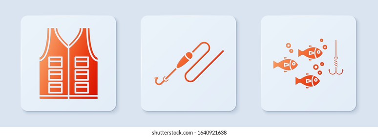 Set Fishing line with hook and float, Fishing jacket and Fishing hook under water with fish. White square button. Vector