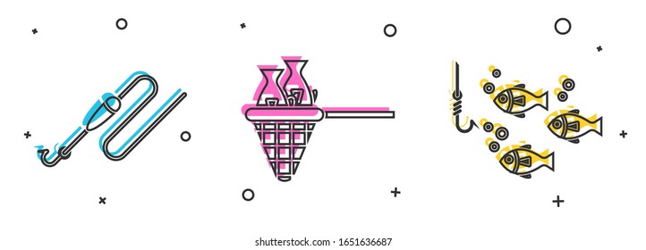 Set Fishing line with hook and float, Fishing net with fish and Fishing hook under water with fish icon. Vector