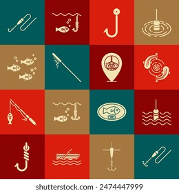 Set Fishing line with hook and float, water, net,  and Location fishing icon. Vector