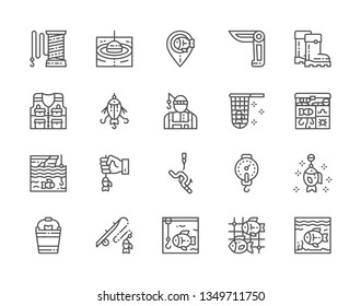 Set of Fishing Line Icons. Jackknife, Rubber Boots, Fisherman, Tackle Box, Hook Scales, Aquarium and more. Pack of 48x48 Pixel Icons