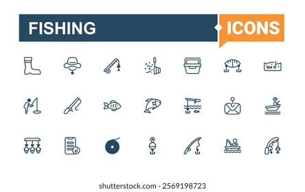 Set of Fishing line icons. Icons reel, water, person, nature, leisure, catch and more. Minimal linear icons. Editable vector outline and solid icons.