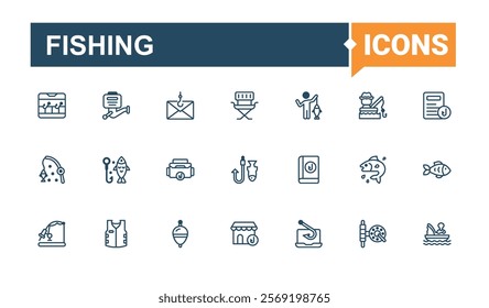 Set of Fishing line icons. Icons reel, water, person, nature, leisure, catch and more. Minimal linear icons. Editable vector outline and solid icons.