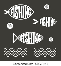 Set fishing logo with a wave element, white on a dark background. Vector illustration, isolated.