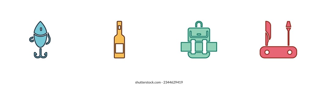 Set Fishing lure, Bottle of vodka, Hiking backpack and Swiss army knife icon. Vector