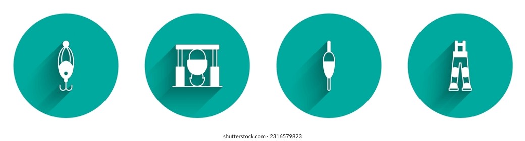 Set Fishing lure, Campfire and pot, float and Fisherman pants icon with long shadow. Vector