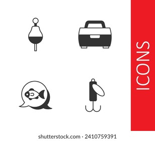 Setzen Sie das Symbol für Angelausrüstung auf Angelloten, Schwimmer und Gehäuse oder Box. Vektorgrafik