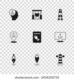 Set Fishing lure, hook, Lighthouse, Served fish on plate, Fisherman pants, Campfire and pot and  icon. Vector