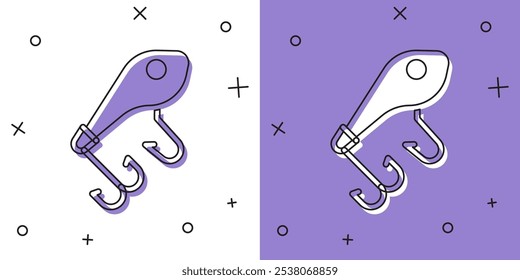 Set Fischköder-Symbol einzeln auf weißem und violettem Hintergrund. Angelgerät.  Vektorgrafik