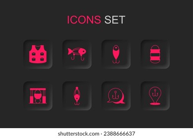 Set Fishing lure, jacket, hook, net,  and Campfire and pot icon. Vector