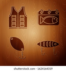 Set Fishing lure, Fishing jacket, Fishing spoon and Calendar with a fish on wooden background. Vector