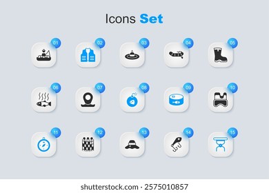 Set Fishing lure, Location fishing, jacket, Compass, Camping folding chair, Diving mask, Fisherman boat and Bomb icon. Vector