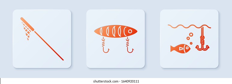 Set Fishing lure, Fishing net and Fishing hook under water with fish. White square button. Vector