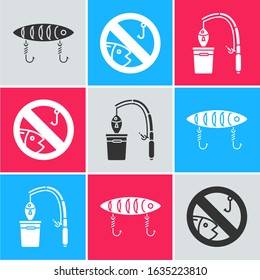 Set Fishing lure, No fishing and Fishing rod and fish icon. Vector