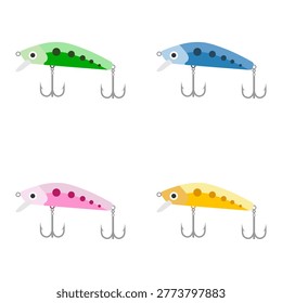 set of fishing lures and artificial baits flat design illustration isolated on white background. colorful realistic bait fish and treble hooks illustration. fishery equipment collection