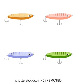 set of fishing lures and artificial baits flat design illustration isolated on white background. colorful realistic bait fish and treble hooks illustration. fishery equipment collection