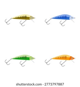 set of fishing lures and artificial baits flat design illustration isolated on white background. colorful realistic bait fish and treble hooks illustration. fishery equipment collection