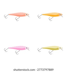 set of fishing lures and artificial baits flat design illustration isolated on white background. colorful realistic bait fish and treble hooks illustration. fishery equipment collection