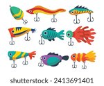 Set of fishing lures collection, isolated on a white background, vector illustration, Fishing hooks, fishery baits for angler, fisher accessories with hooks. Vector isolated plastic wobblers set.