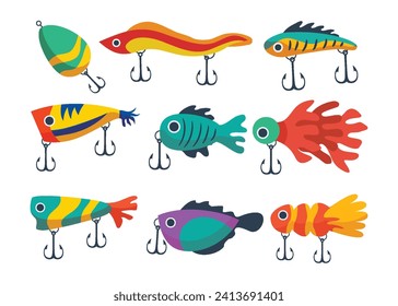 Colección de lúpulos de pesca, aislados en fondo blanco, ilustración vectorial, anzuelos de pesca, cebos de pesca para pescadores, accesorios de pescadores con anzuelos. Vector aislado de obbelladores plásticos.