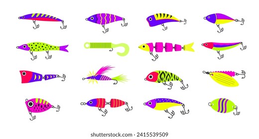 Un conjunto de lures de pesca con colores de neón. Ilustración vectorial con estupideces, burros, cebo aspersor, espinadores. 