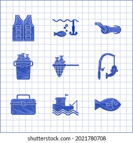 Set Fishing net with fish, boat fishing rod on water, and, Case or box container for wobbler gear equipment, bucket fishes, Spinning reel and jacket icon. Vector